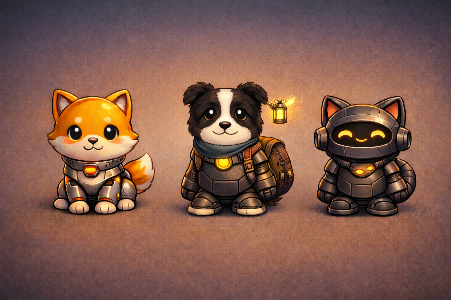ZenArcade Labs mascots — Kitsune, Scout, and Neko